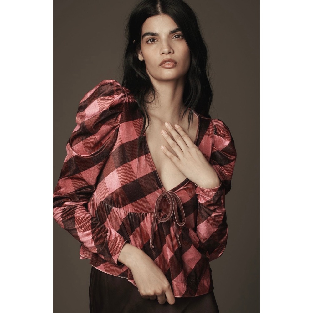 Maeve Anthropologie Pink Plaid Velvet Babydoll Top Medium‎ Coquette Academia